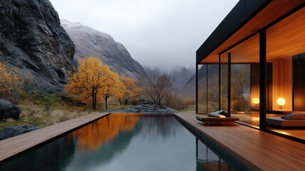 Fototapeta premium A luxurious mountain cabin with a natural-looking pool, set against a backdrop of misty mountains and vibrant autumn trees, highlighting elegance and peaceful retreat.
