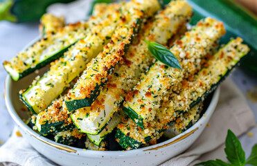 A bowl of baked zucchini fries with a crispy, golden-brown crust. The fries are served on a white tablecloth with a few basil leaves