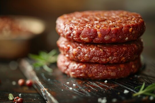 Three stacked plant-based burger patties made from pea protein