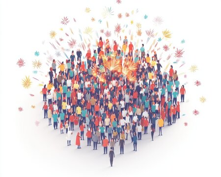 A diverse crowd gathers, conveying unity and energy, celebrating together in colorful outfits.