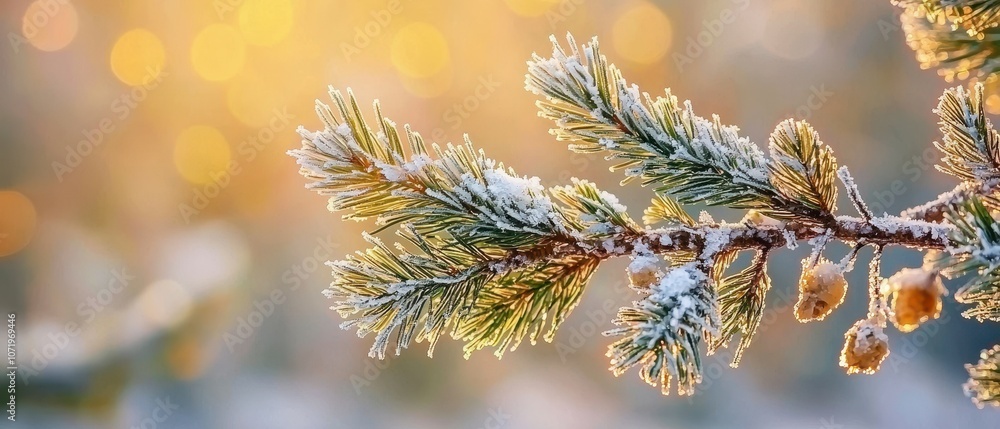 Poster soft focus on frosted pine branches dusting of snow glimmers in natural light creating a serene wint
