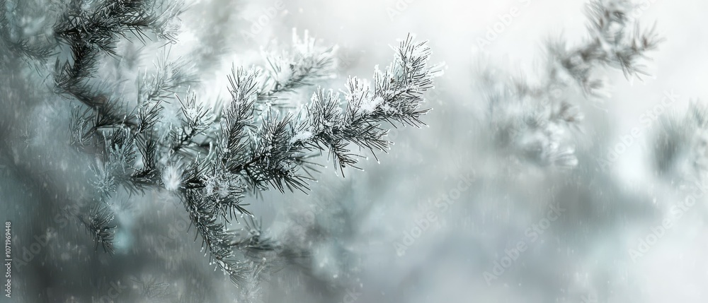 Poster soft focus on snow-dusted pine branches with frost capturing the tranquility of a winter scene in na