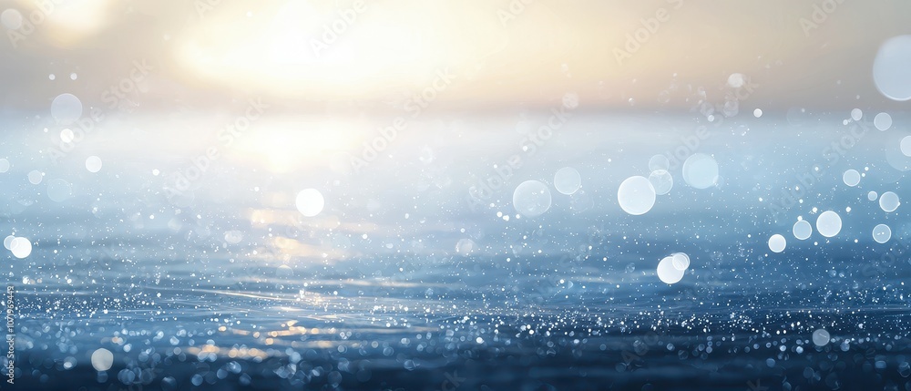 Poster serene dawn over sparkling ocean waters with soft focus and warm light reflecting on gentle waves an