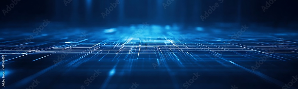 Aufkleber a futuristic blue digital landscape with glowing grid lines and particles, suggesting advanced techn