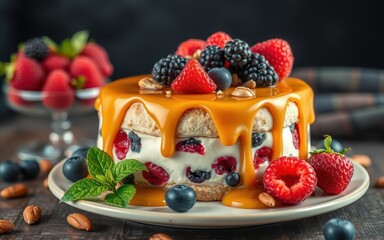 A small cake topped with caramel, raspberries, blueberries, and blackberries sits on a white plate