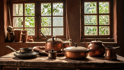 Rustic kitchen with copper pots of various sizes on wooden table in front of two windows with green foliage views. Warm sunlight fills the space, highlighting copper's rich tones & natural textures.