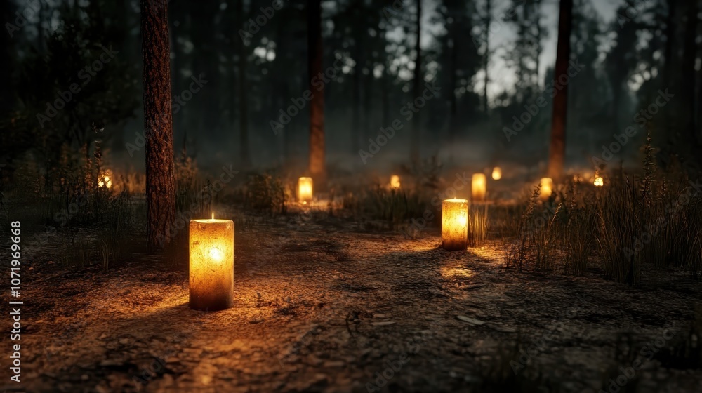 Poster candles illuminate a forest path in the night, creating a tranquil and inviting atmosphere that draw