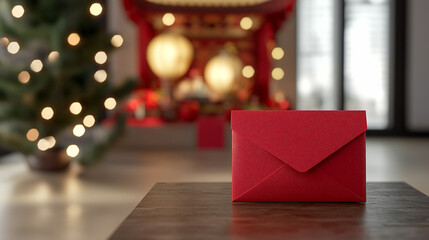 Red envelope on table, Chinese New Year ambiance