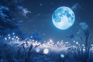 Naklejka premium Night fairytale landscape with forest, mountains and full moon 