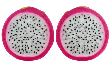 PNG object on clear backdrop. Two dragon fruit halves side by side, highlighting their vibrant color and seed speckled flesh. Isolated on transparent background.