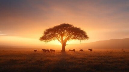 Obraz premium A silhouetted tree under a stunning sunrise towers over a group of grazing animals, offering a peaceful scene full of warmth and natural beauty in the savannah.