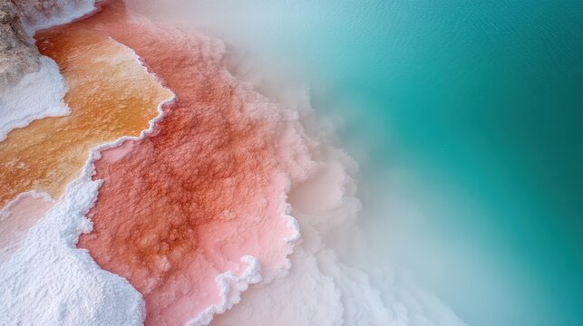 The vibrant aerial view shows pink and orange salt deposits blending with turquoise waters, creating beautiful patterns resembling natural abstract art.