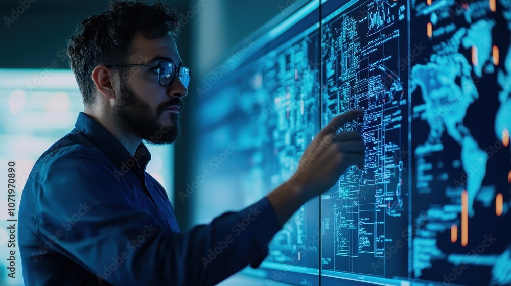 Poster a focused man interacts with a digital interface, analyzing data on a futuristic display projecting 