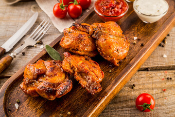 Honey Barbecue glazed chicken wings on wood background