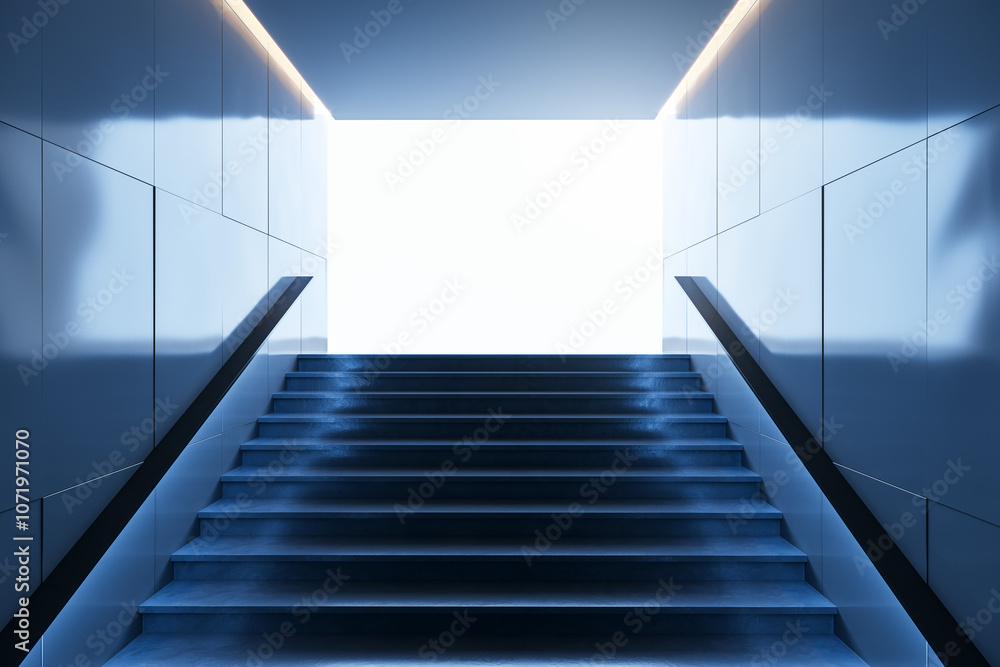 Aufkleber stairs leading upwards in a subway setting with a bright light at the top. 3d rendering