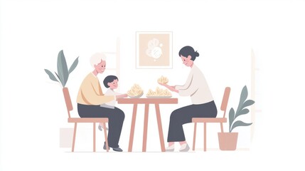 Fototapeta premium A family gathers around a table, enjoying quality time with a child in a bright environment.