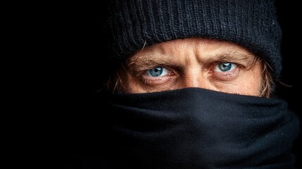 Naklejka premium A striking photograph showing a person with bright blue eyes peering out from under a black knit beanie, with an enigmatic look of determination and focus.