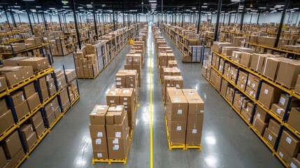 A spacious warehouse filled with neatly stacked boxes, organized in rows under bright overhead lighting.