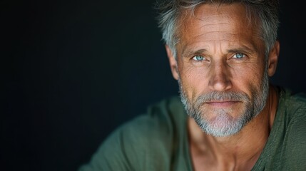 Obraz premium A rugged, mature man with piercing blue eyes gazes intently at the viewer, conveying depth and resilience through his expression and presence.