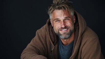 Fototapeta premium A friendly-looking man with tousled hair, wearing a brown jacket, smiles warmly, exuding warmth, approachability, and casual comfort in his demeanor.