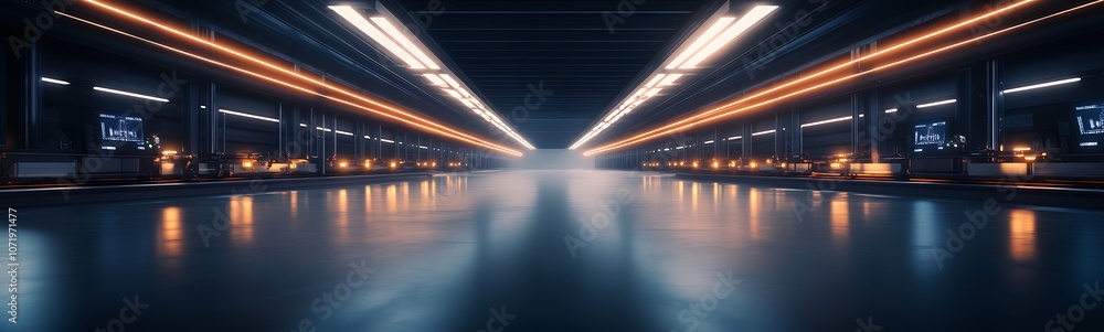 Poster a modern, illuminated warehouse showcasing sleek lines and reflections on a polished floor, creating
