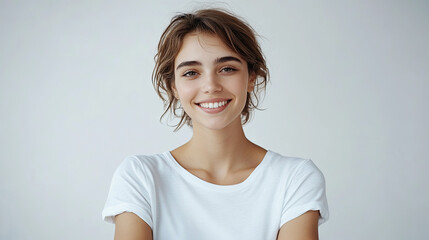 Obraz premium A short haired female student wearing a white T-shirt with a white background