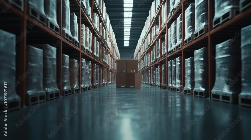 Poster a spacious warehouse aisle lined with stacked pallets and boxes, highlighting an organized storage e