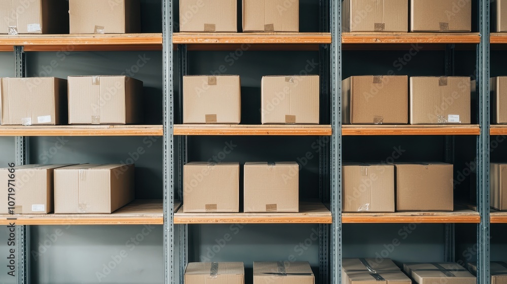 Poster a tidy shelving unit displays neatly stacked cardboard boxes, indicating organization and storage ef
