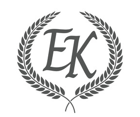 Initial letter E and K, EK monogram logo design with laurel wreath. Luxury calligraphy font.