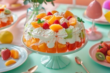 Obraz premium Vibrant fruit jelly and cream dessert on pastel table setting