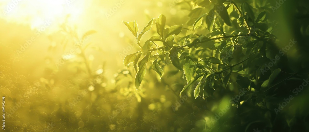 Poster sunlight filtering through blurry green and yellow leaves in a serene natural setting with gentle at