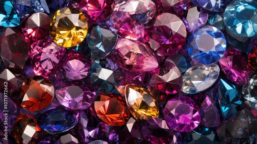 Poster colorful gemstones in various faceted shapes creating a stunning scattered pattern with deep vibrant