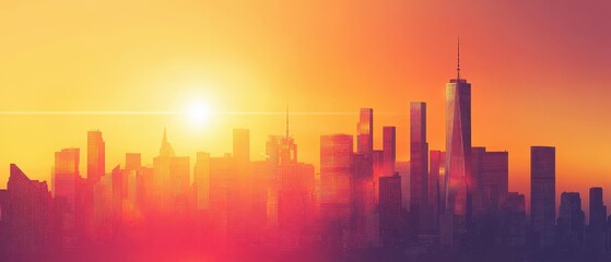 Fototapeta premium Stunning Faceted Cityscape at Bright Sunset with Skyscrapers Casting Shadows and Radiating Warm Colors Across the Urban Horizon