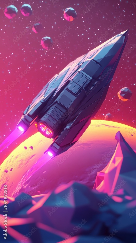 Poster futuristic low poly spaceship orbiting a colorful planet with cosmic background and asteroids in a v