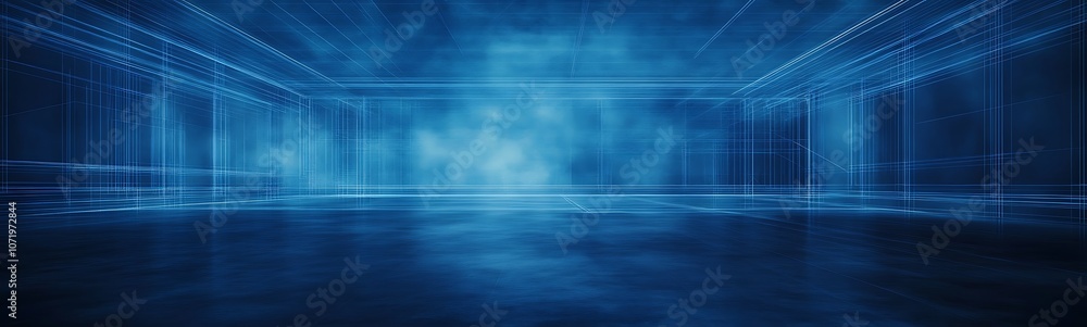 Poster a futuristic, blue-themed digital space with glowing lines and a hazy atmosphere, suggesting a virtu