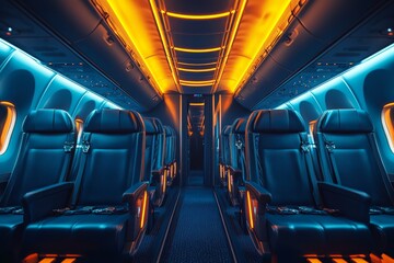 Fototapeta premium An airplane cabin with blue seats and yellow lights. 