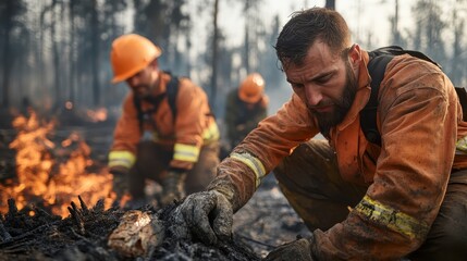 Courageous firefighters in rugged gear tirelessly work amidst forest wildfires, embodying bravery and teamwork essential for battling nature's fiercest challenges.