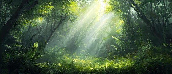 Fototapeta premium Beautiful Misty Rainforest with Sunbeams Creating a Magical Atmosphere Among Lush Green Foliage, Inviting Serenity and Natural Beauty in a Dense Jungle Setting