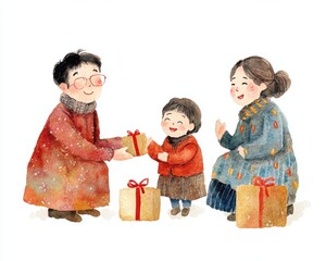 Obraz premium A joyful family celebration with a child receiving gifts during the festive season.