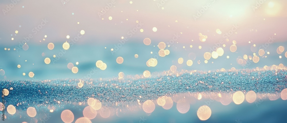 Poster soft focus sparkling ocean at dawn with warm light creating a dreamy atmosphere of tranquility and p