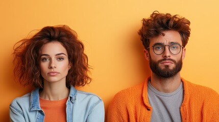 A young man and woman stand against an orange background, both exude modern style and confidence with casual attire, representing contemporary fashion trends.