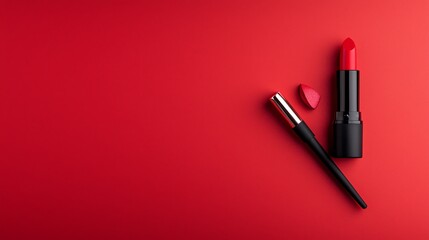 Obraz premium Red lipstick and lip brush on vibrant red background
