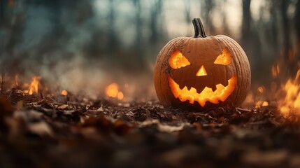 A glowing Jack-o'-lantern with a sinister grin sits on forest floor amidst dry leaves, as dusk falls, creating an eerie, mystical Halloween ambiance.