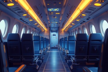Obraz premium An airplane cabin with blue seats and yellow lights. 