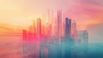 Fototapeta premium A captivating cityscape illuminates the skyline at sunset, showcasing a dynamic array of geometric shapes. The vibrant hues of pink, blue, and orange merge together, creating a surreal atmosphere