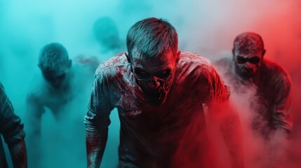 A group of zombies moves forward through thick colored mist, creating an eerie and frightening scene, highlighting their skeletal features and unsettling presence.