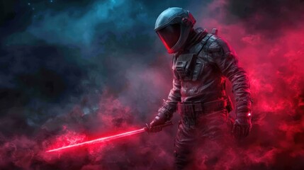 A cosmic warrior, draped in futuristic armor, stands confidently amidst vibrant swirling pink smoke, emanating a sense of power and mystery in a sci-fi setting.