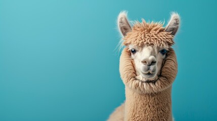 Obraz premium A fluffy brown alpaca with blue eyes looking at the camera with a curious expression