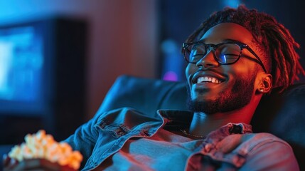 A relaxed man with glasses is enjoying a comfortable moment at home, seated and smiling with a bowl of popcorn in a warmly-lit, cozy living room setting.