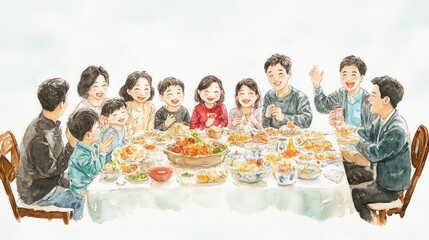 Fototapeta premium A joyful family gathering around a table filled with delicious food and happy faces.